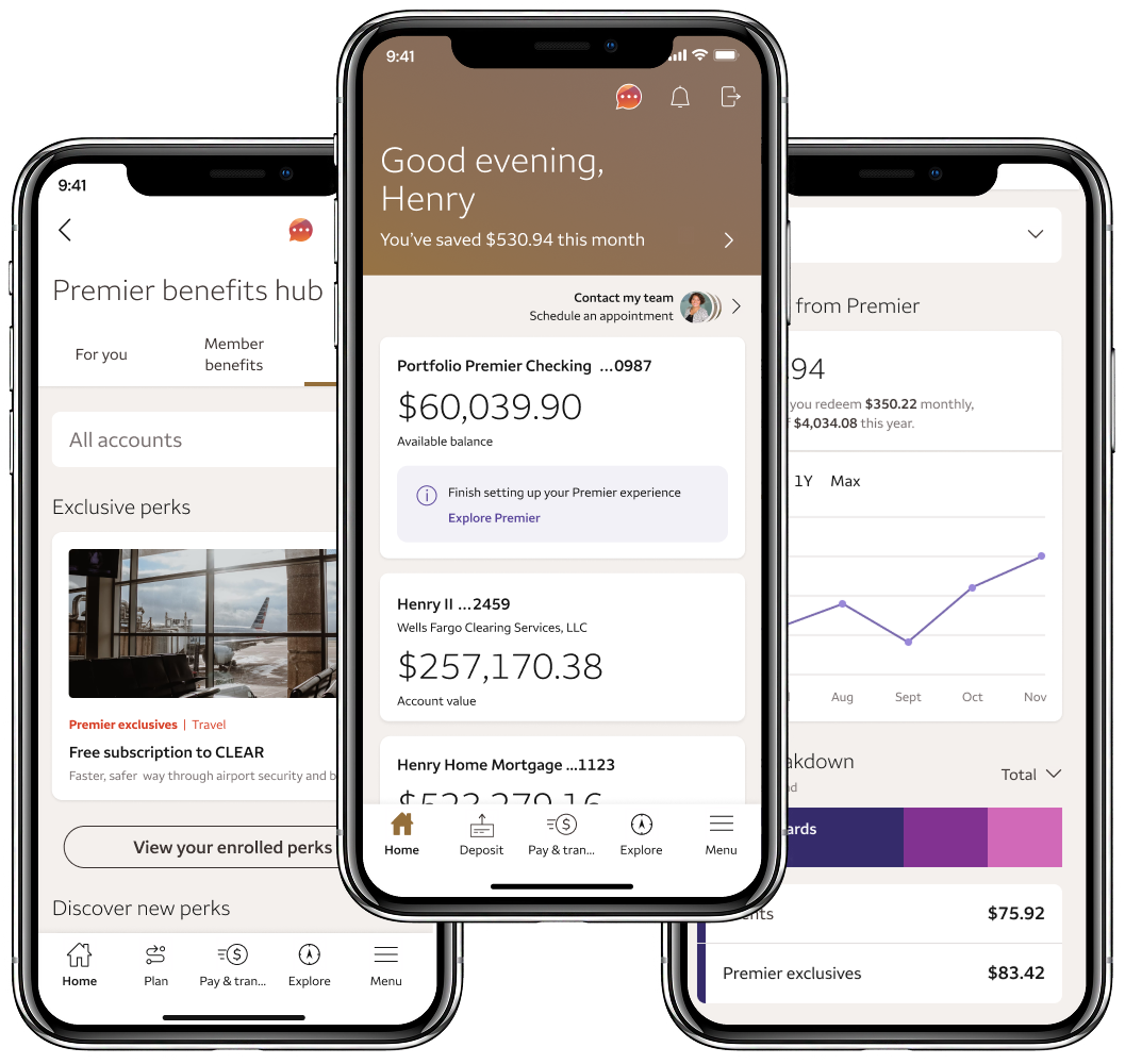 Wells Fargo Premier app screens